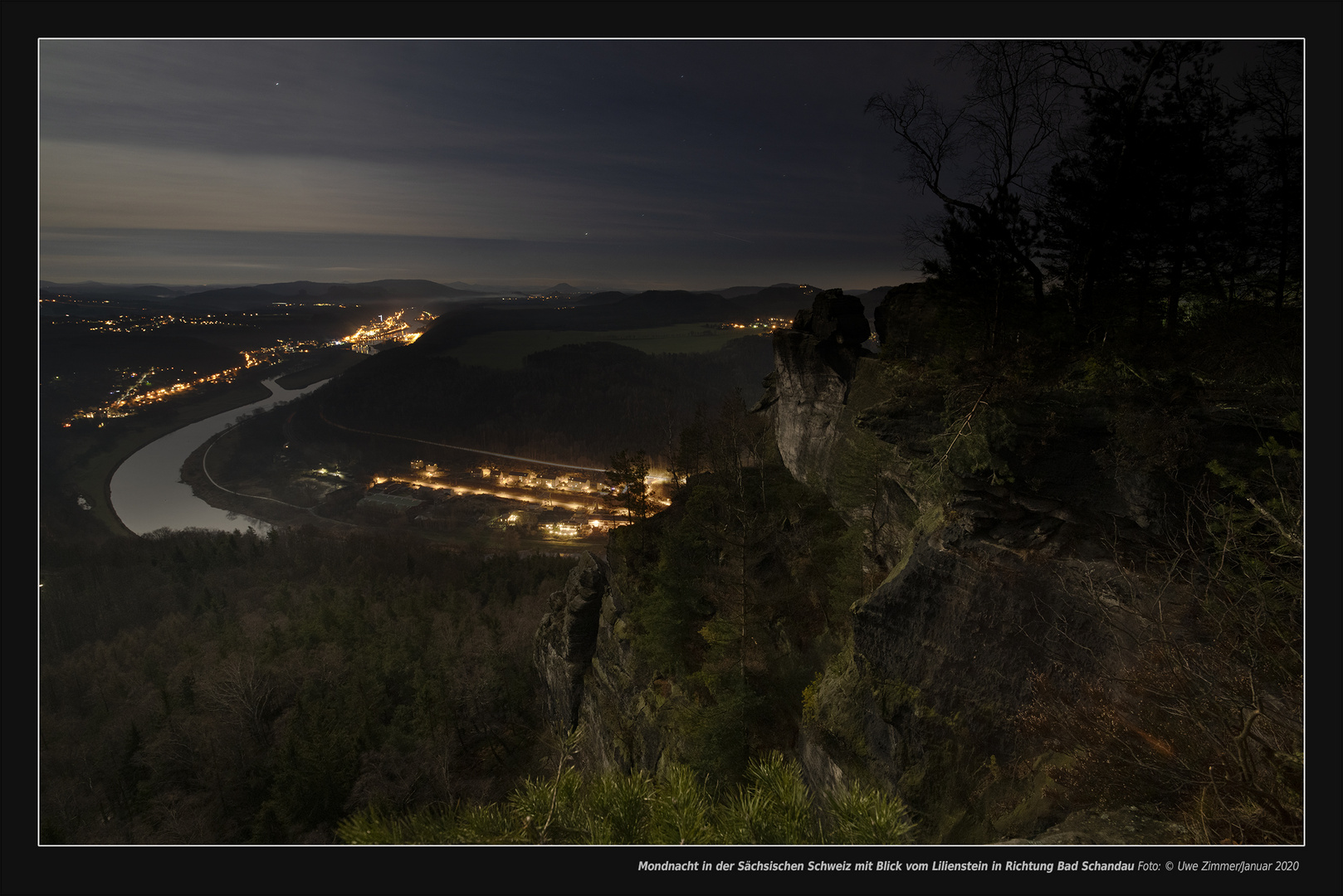 Mondnacht in der Sächsischen Schweiz mit Blick vom Lilienstein in Richtung Bad Schandau Foto 2500  