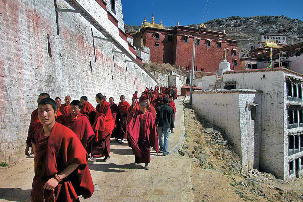 Monks coming down from the Ganden Monastery