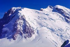 Mont Blanc du Tacul, Mont Maudit und Mont Blanc (von links nach rechts) (Dia von 1971, gescannt)