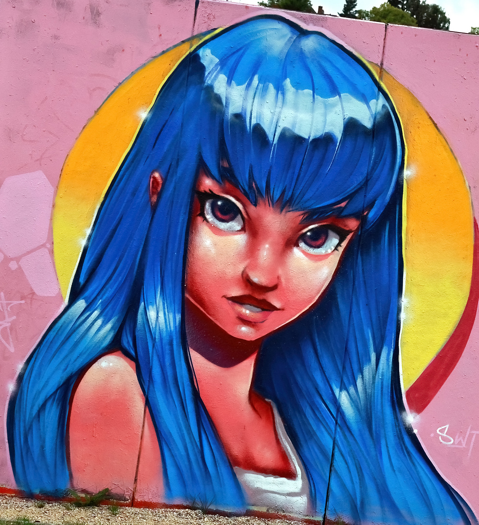 Montag-blue monday - Graffiti mit blauhaariger Comic-Figur...