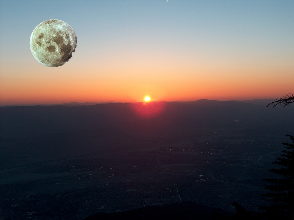 moon set, sunrise over California