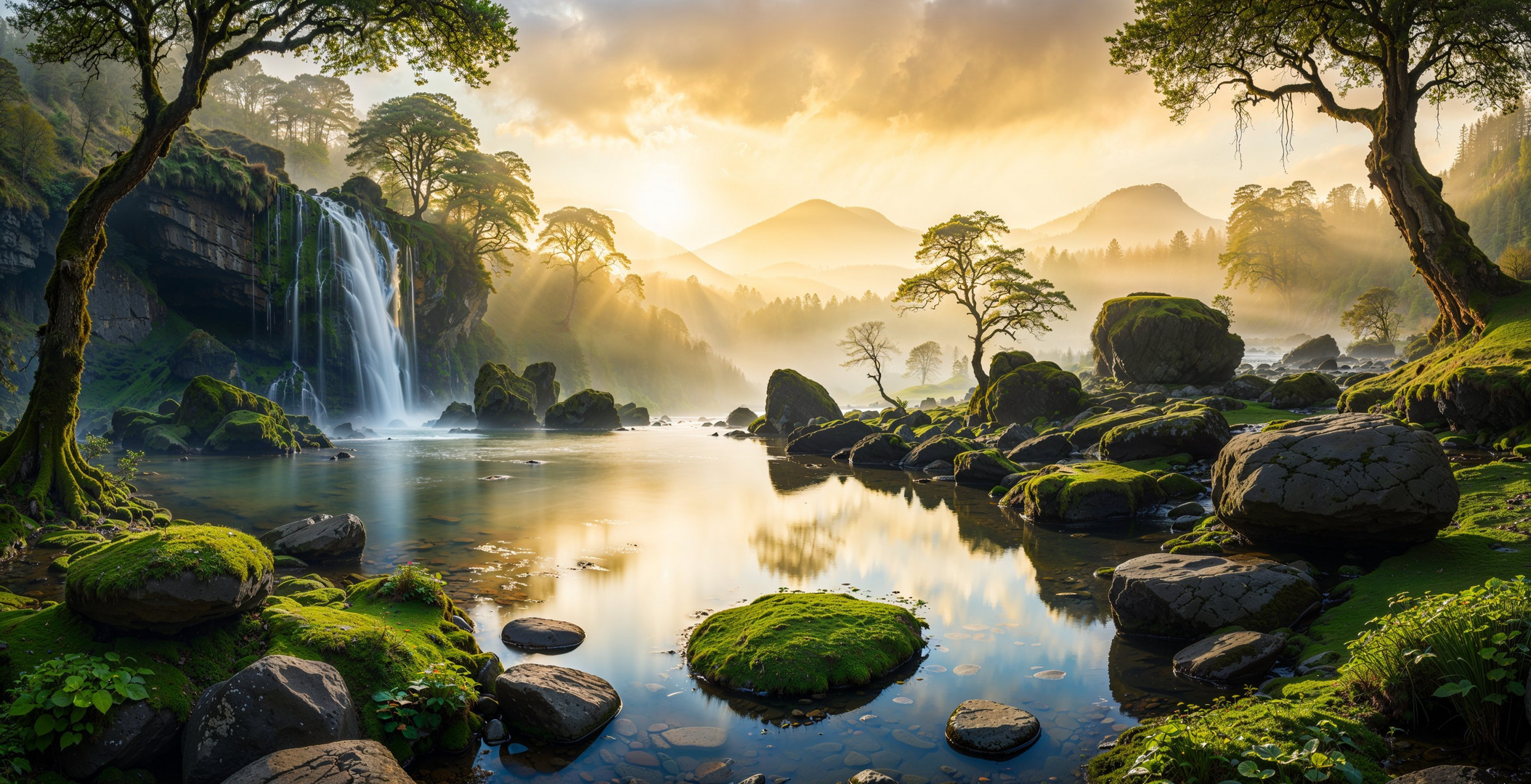 Morgendämmerung am verzauberten Wasserfall (KI-Szene)