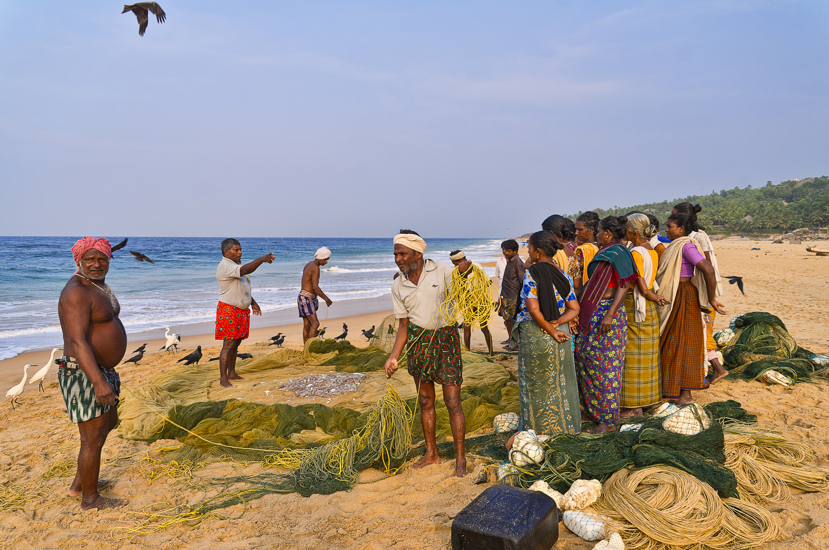 Morgendliche Fischversteigerung am Strand von Kerala, Indien