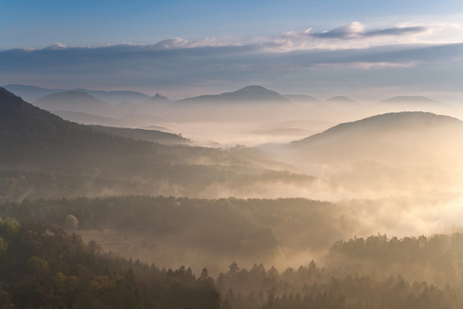 Morgennebel im Wasgau, mit Trifels im Hintergrund