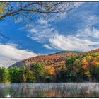 Morgennebel über dem Mad River in Vermont