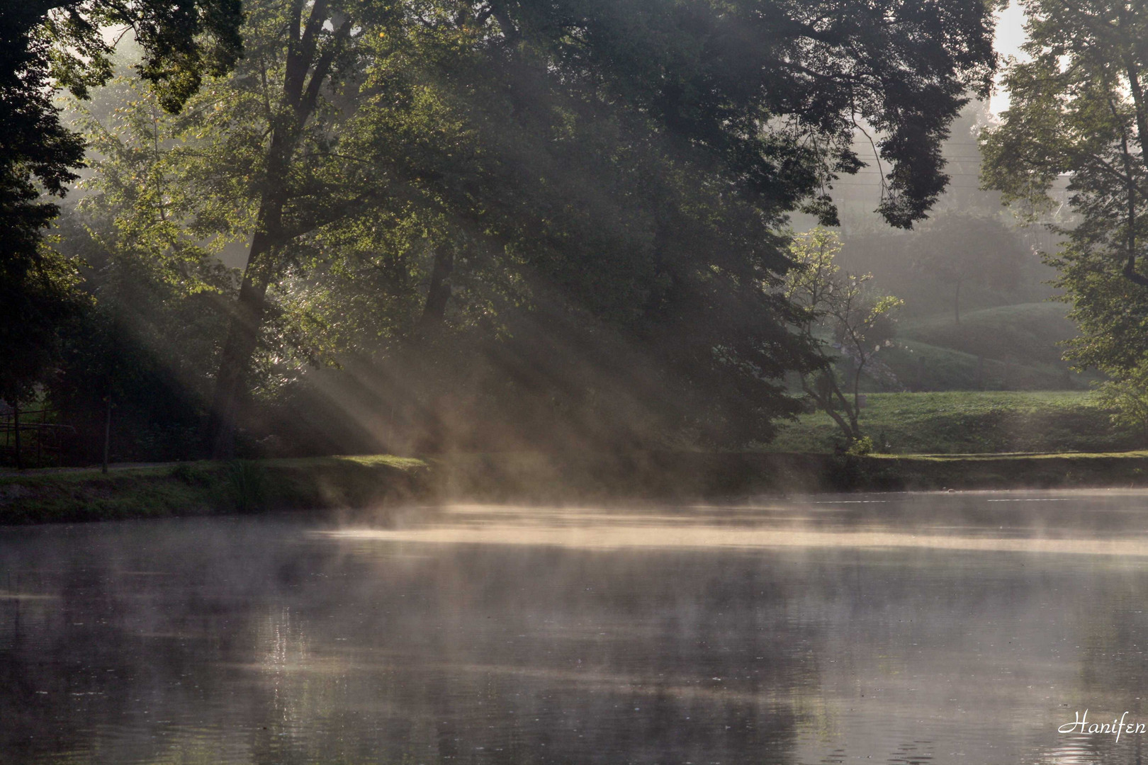 Morgens am Parkteich (in Farbe)