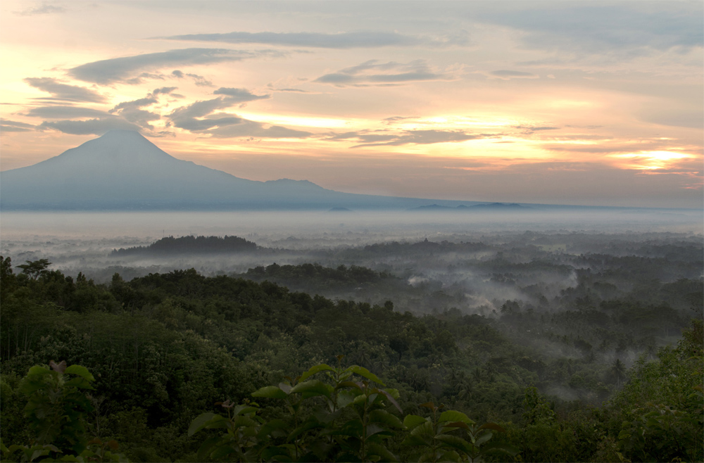 Morning mist over Borobodur valley