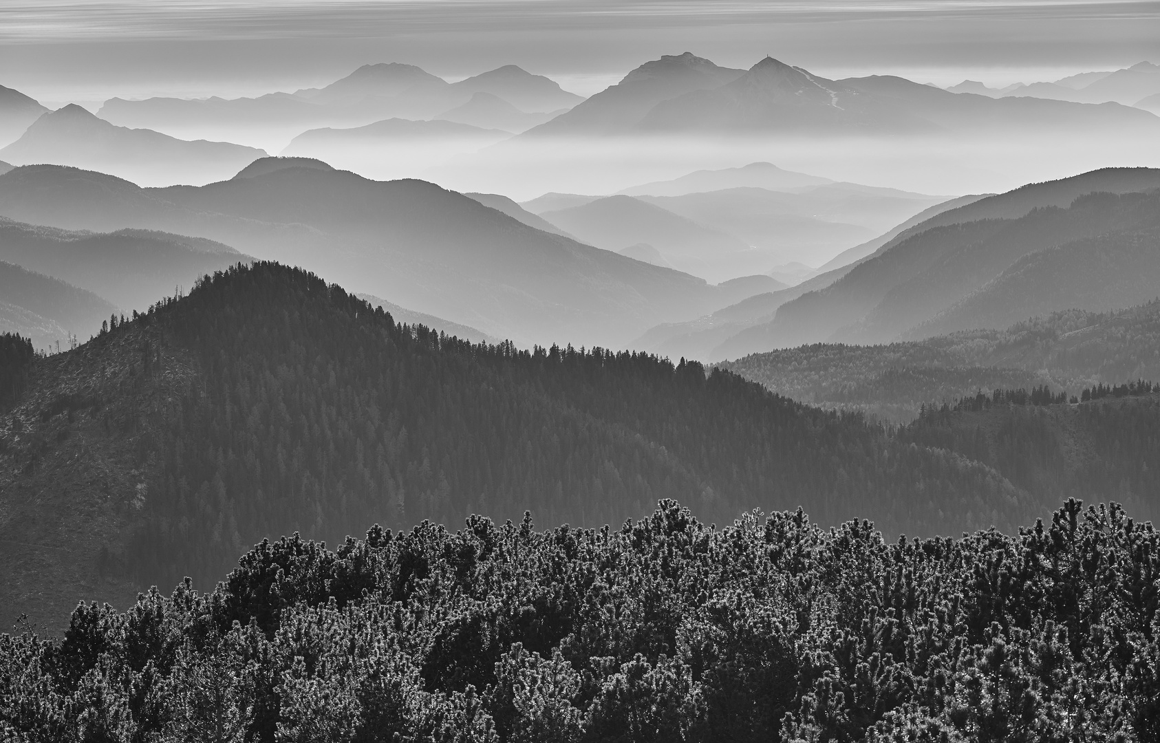 Mountains in the haze in black and white