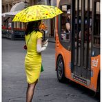 Mrs. Yellow under the gaze of passenger bus