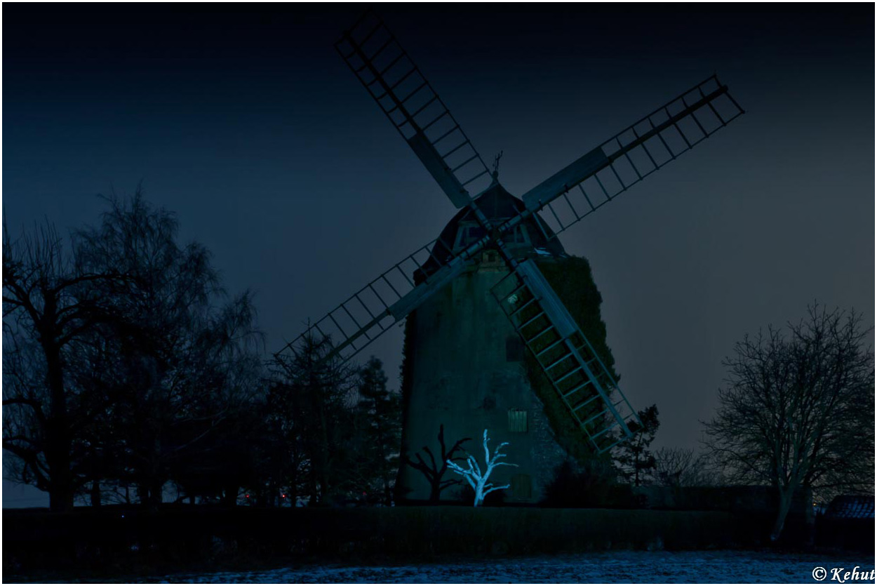 Mühle mit weißem Baum