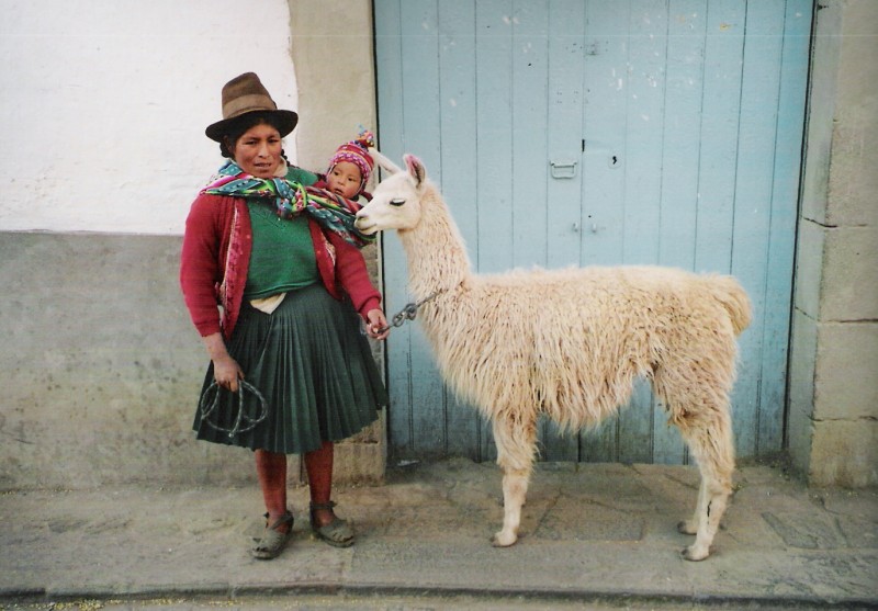 mujer, llama y bebé