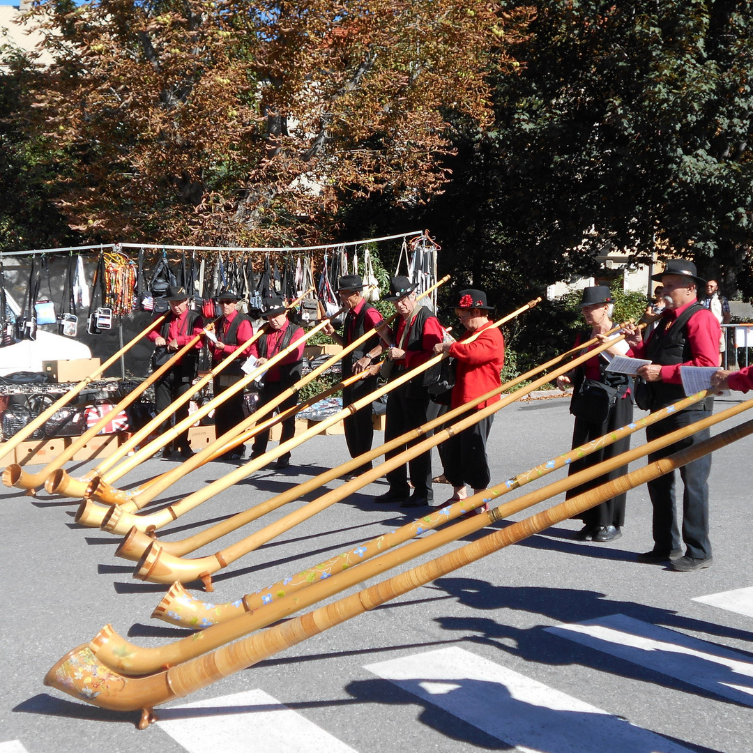 Musiciens suisses jouant du cor des Alpes à Embrun (Hautes-Alpes)