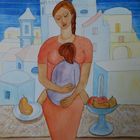 Mutter mit Kind vor mediterranem Dorf