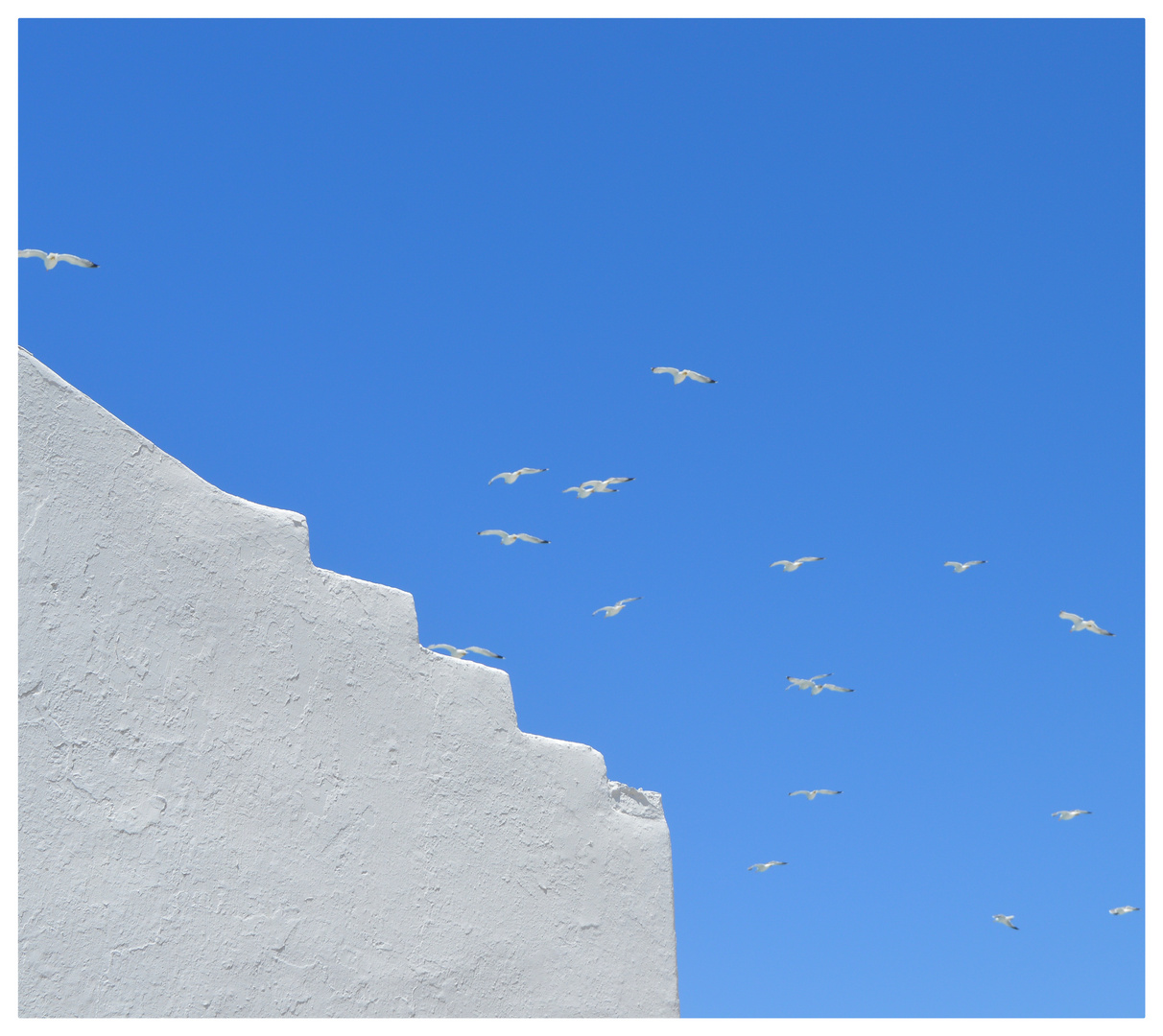 Mykonos, sky, seagulls, geometries 