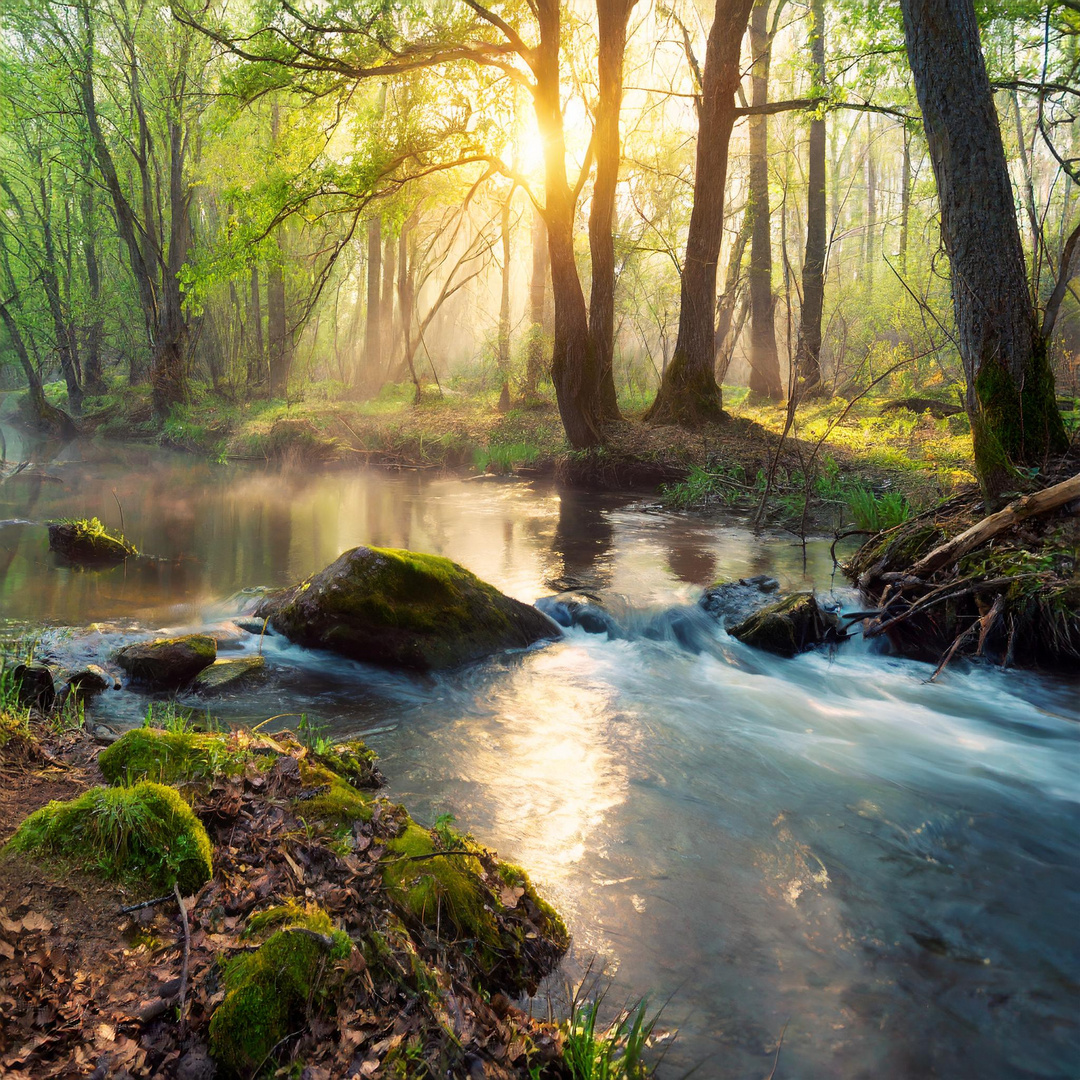 Mystischer Wald mit Fluß und Sonnenaufgang 