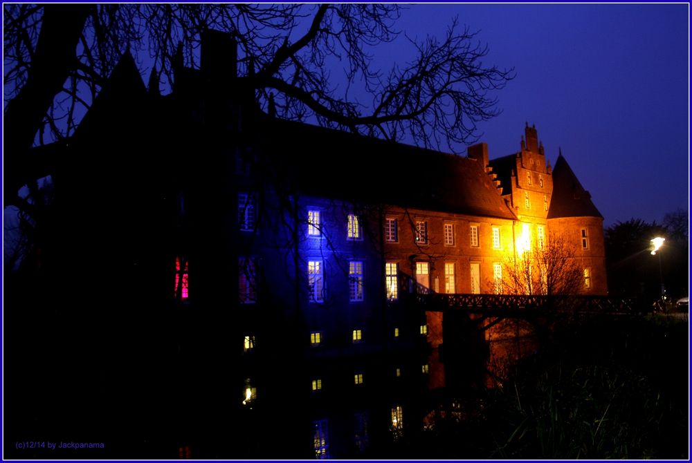 Nachtaufnahme vom Schloss Herten im Rahmen der alljährlichen Aktion "Lichterwald"