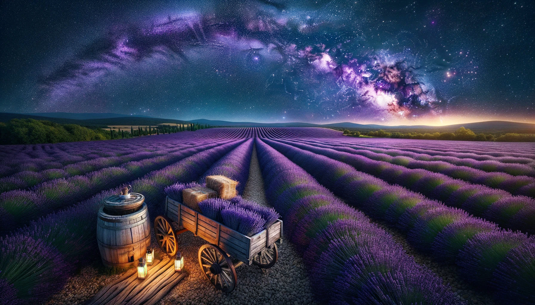 Nachthimmel über dem Lavendelfeld: Ein KI-generiertes Panorama