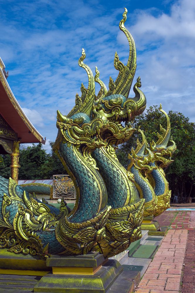 Naga snake heads at the temple entrance