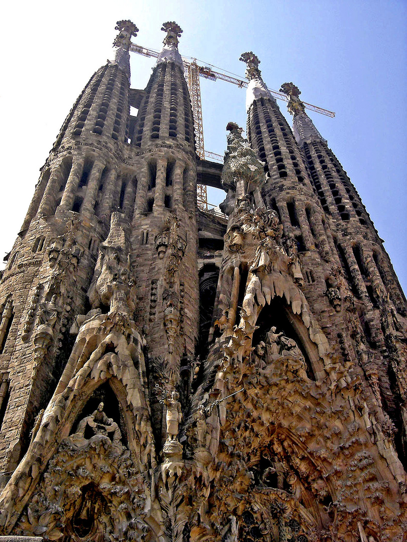Nativity Façade, Portal of Hope (L) Portal of Charity (R), & Bell Towers, Sagrada Família, Barcelona