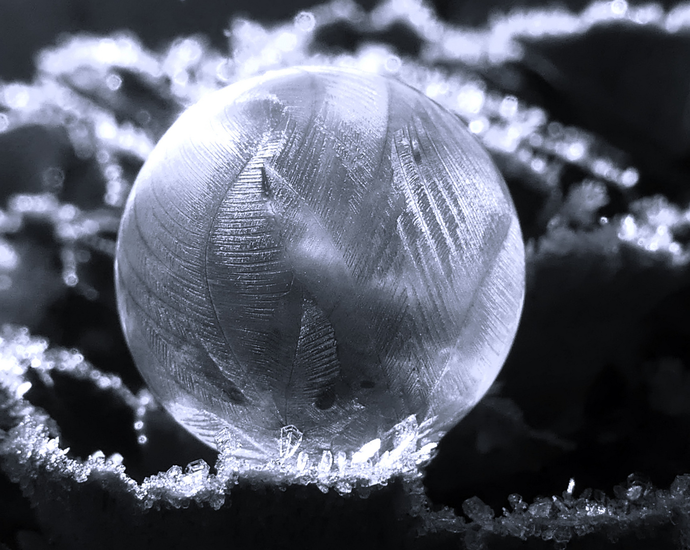 Naturkunst entsteht, wenn Frost auf Seifenblase trifft.