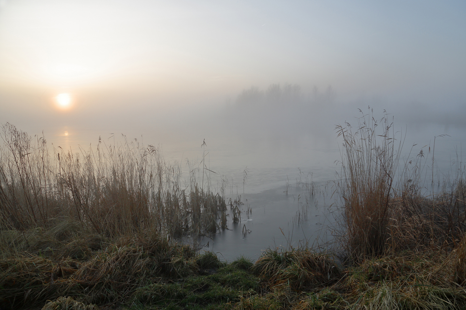 Nebel bei Sonnenuntergang am See