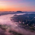 nebel im elbtal, blick von der bastei zu lilienstein und festung königsstein