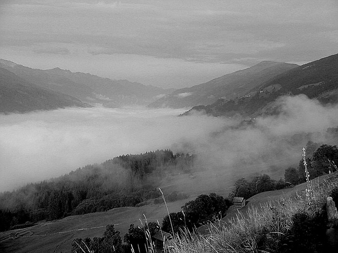 Nebel im Tal Schwarzweiss