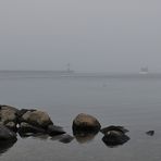 Nebel, Mole, Leuchtturm, Schiff, Steine und Schellente