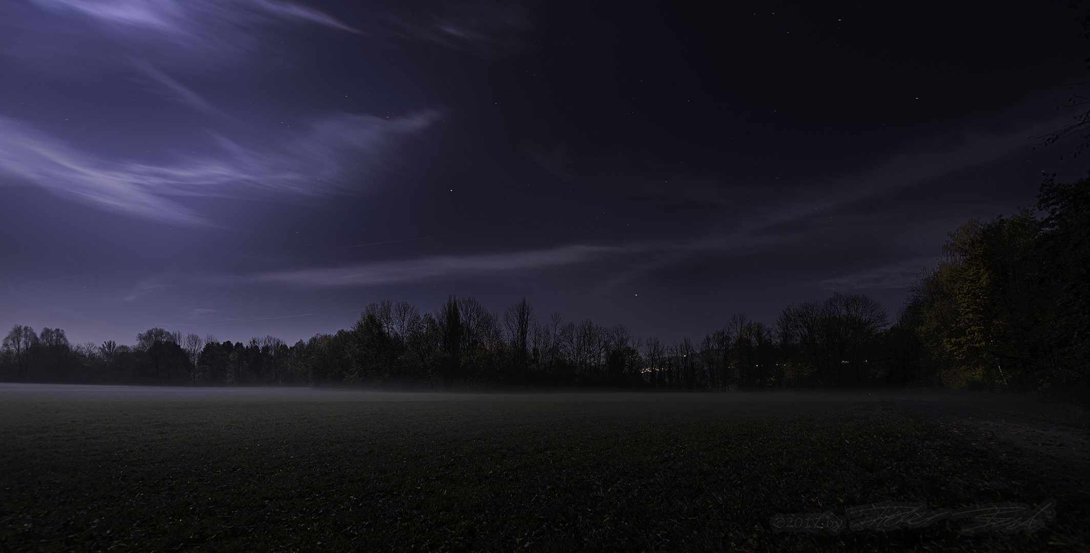 Nebel über der Herbstwiese im Mondschein