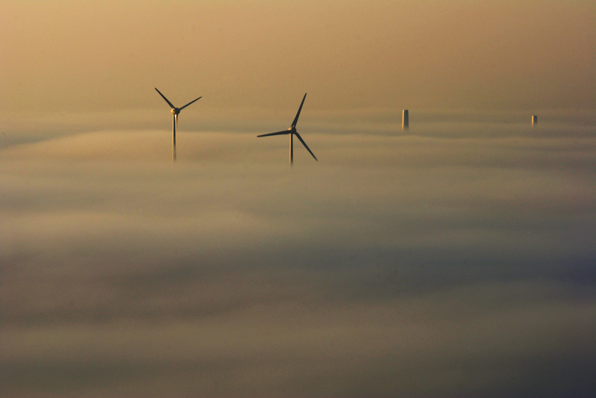 Nebel umhüllt Windräder