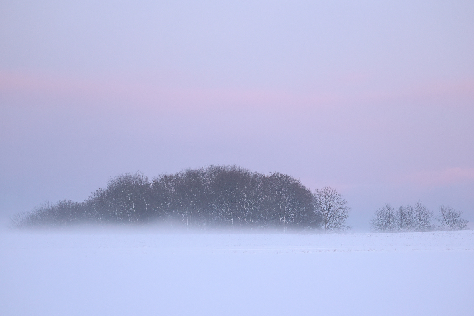 Nebel und Schnee kurz vor Sonnenuntergang