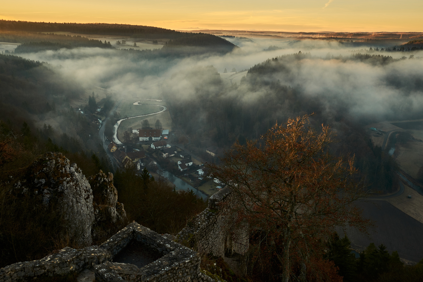 Nebelschleier im Flusstal