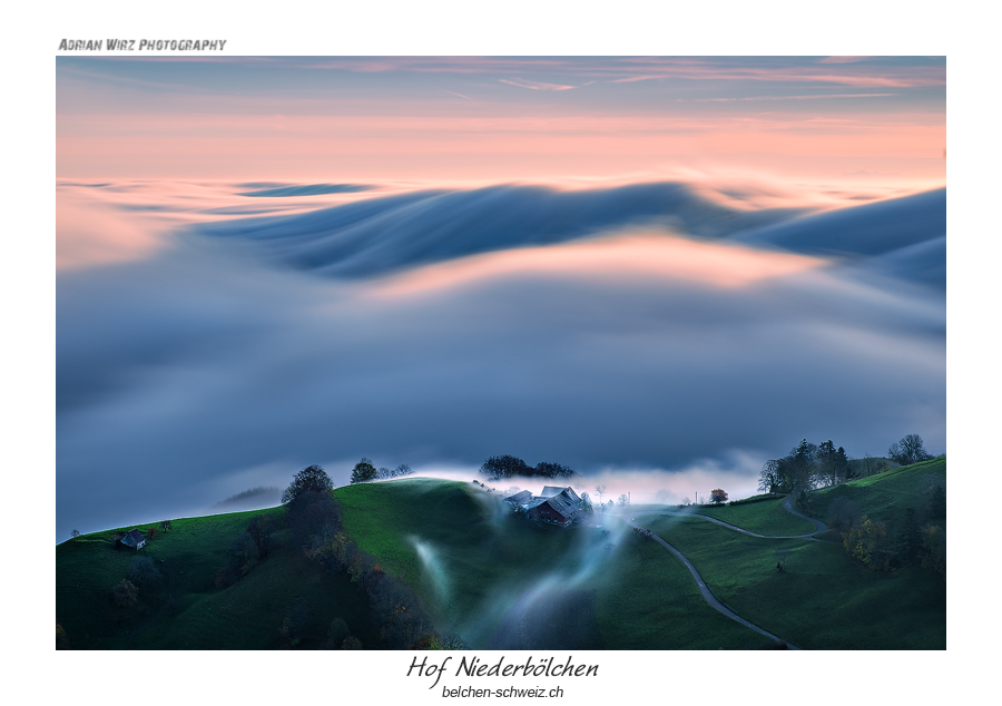 Nebelwelle beim Sonnenaufgang in der Schweizer Belchenregion