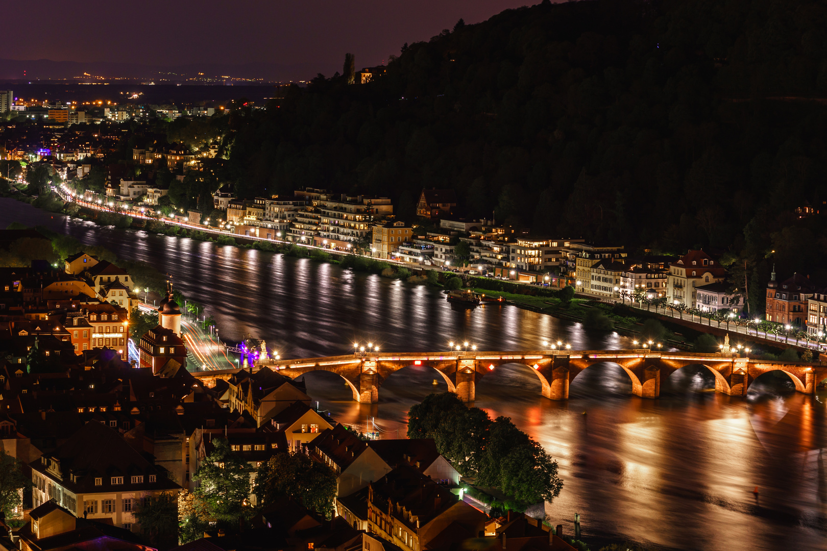 Neckar in Heidelberg bei Nacht