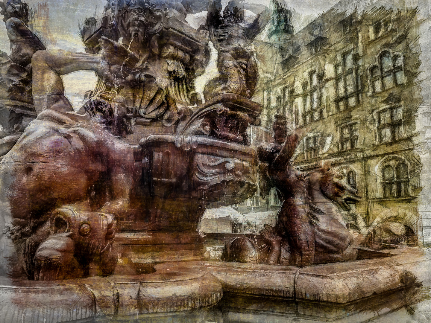 Neptunbrunnen  auf dem Neumarkt in  Wuppertal Elberfeld