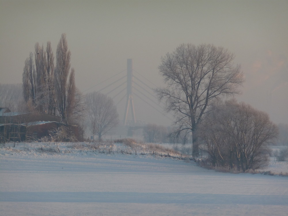 Neue Rheinbrücke Wesel im Winter.