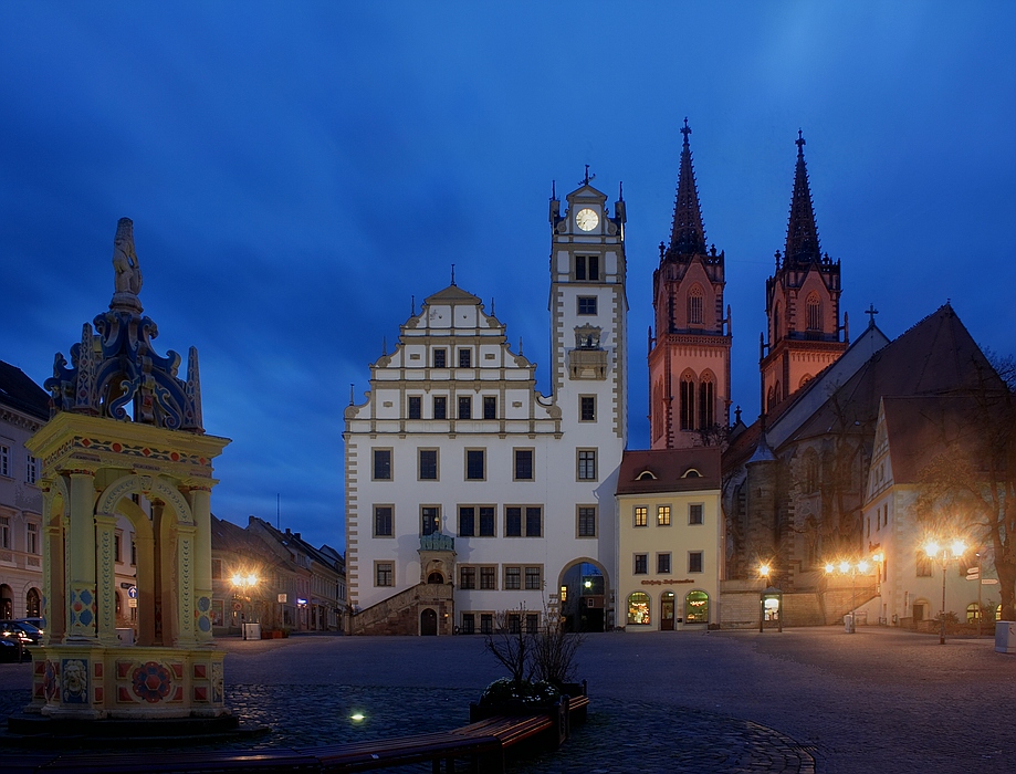 Neumarkt in Oschatz mit Marktbrunnen, Rathaus und St.Aegidienkirche