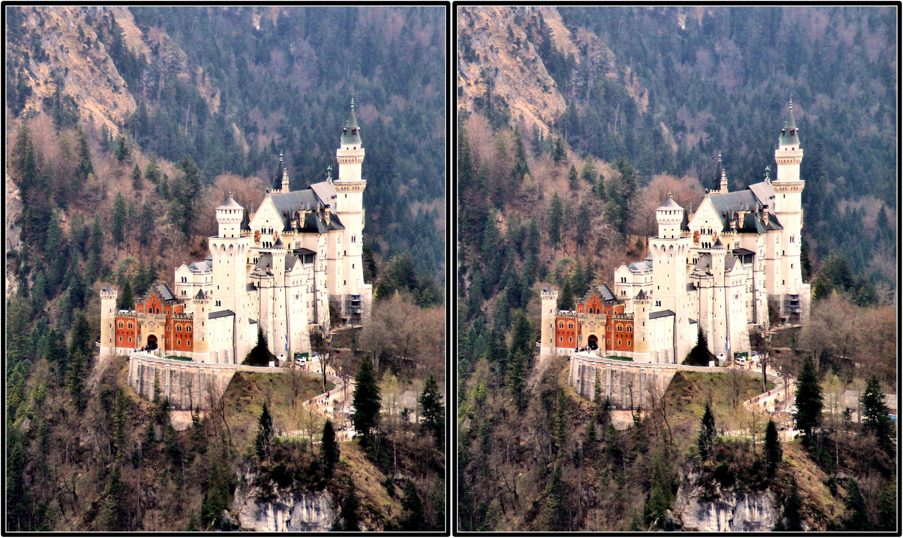 Neuschwanstein von der Hornburg 3D Kreuzblick