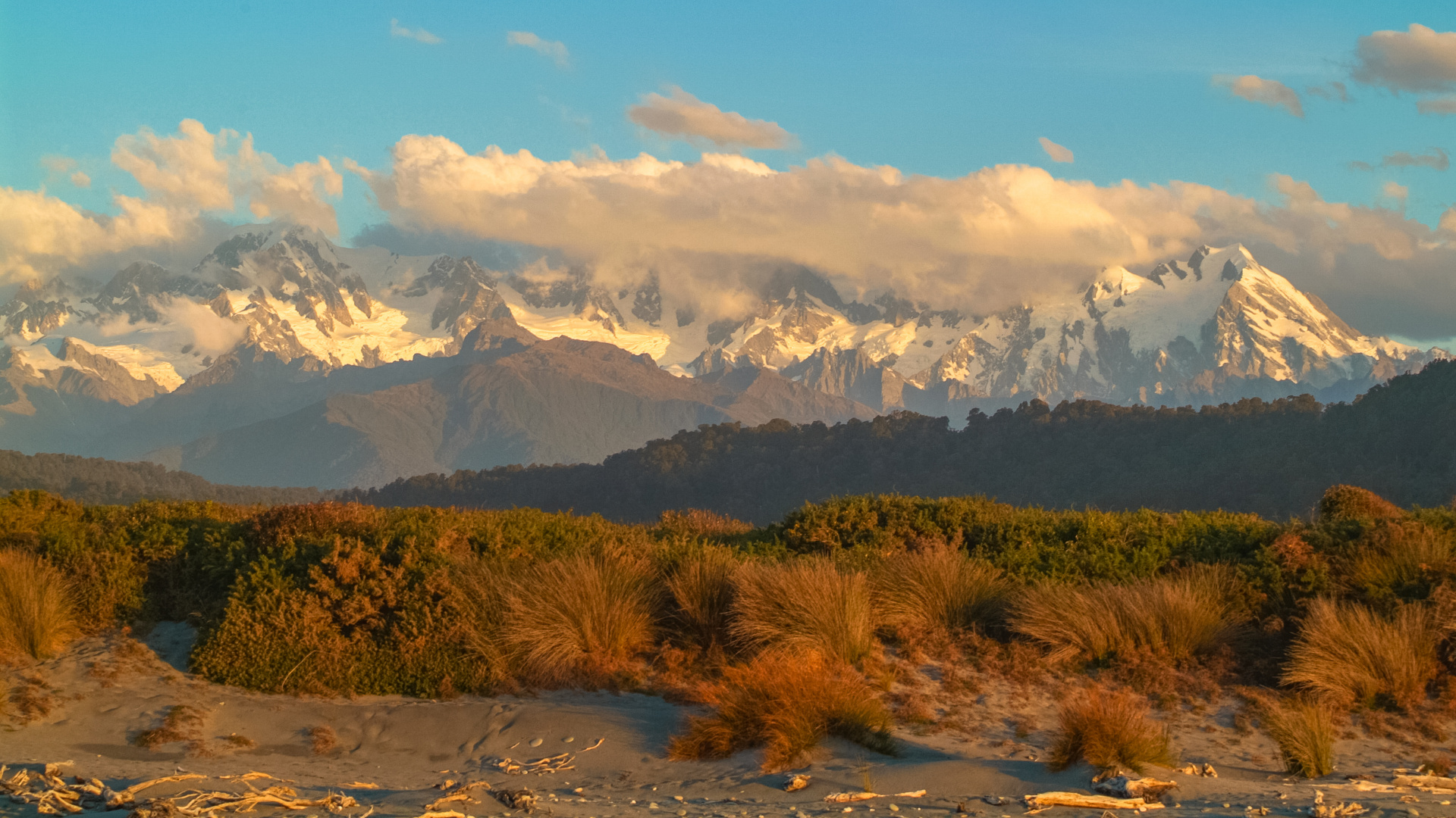 Neuseeland 2006: Südinsel, Mount Cook & Mount Tasman im Abendlicht