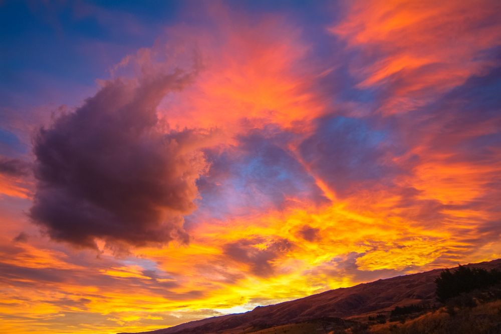 Neuseeland 2006: Südinsel, Otago, Sonnenuntergang über dem Otago Hochland