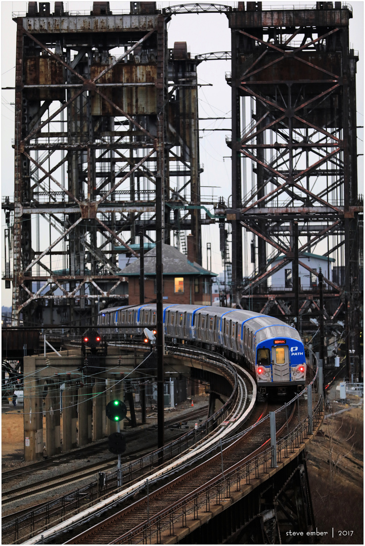 Newark-bound PATH Train Climbs Ramp to Dock Bridge 