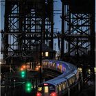 Newark-bound PATH Train Climbs Ramp to Dock Bridge in Blue Hour
