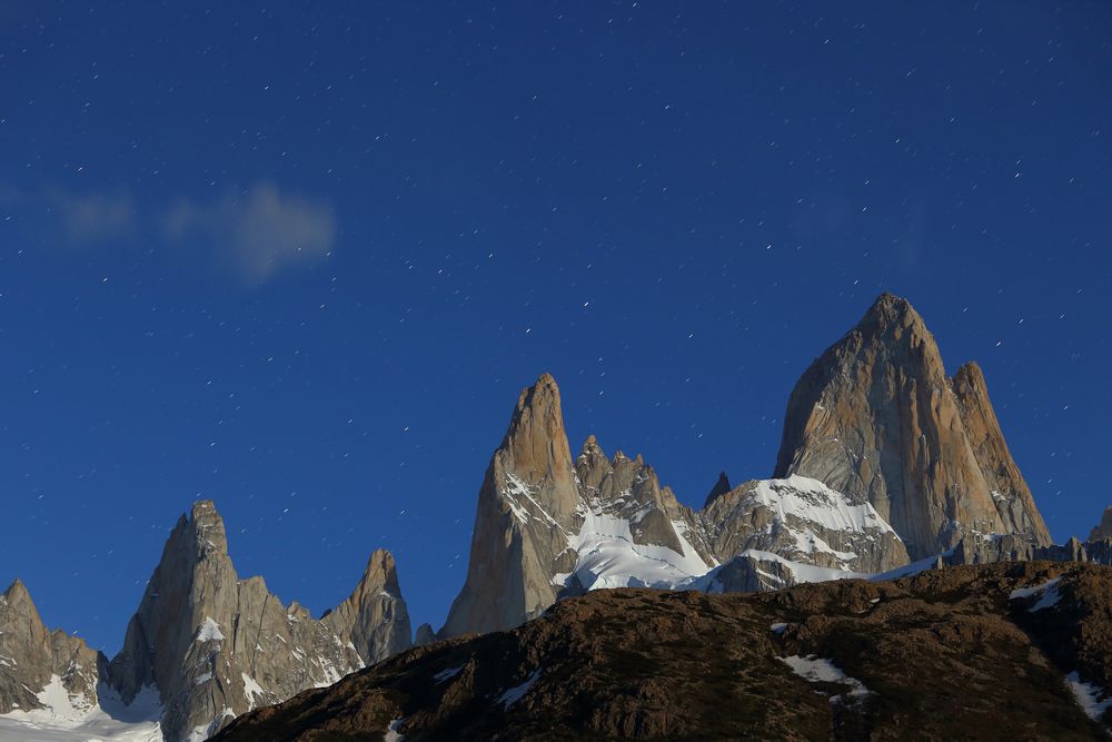 night view on Fitz Roy with stars and moonlight, El Chaltén - Patagonia - Argentina