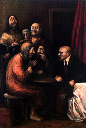Noch was Ausgeliehenes von Kahl: Jesus zeigt Lenin seine Wundmale.