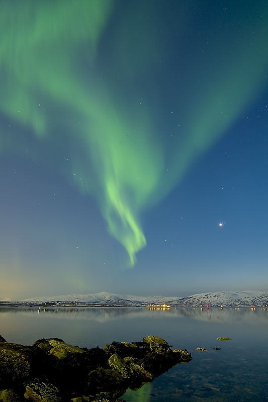 Nordlicht über der vom Vollmond beleuchteten Insel Kvaløya von Thilo Bubek