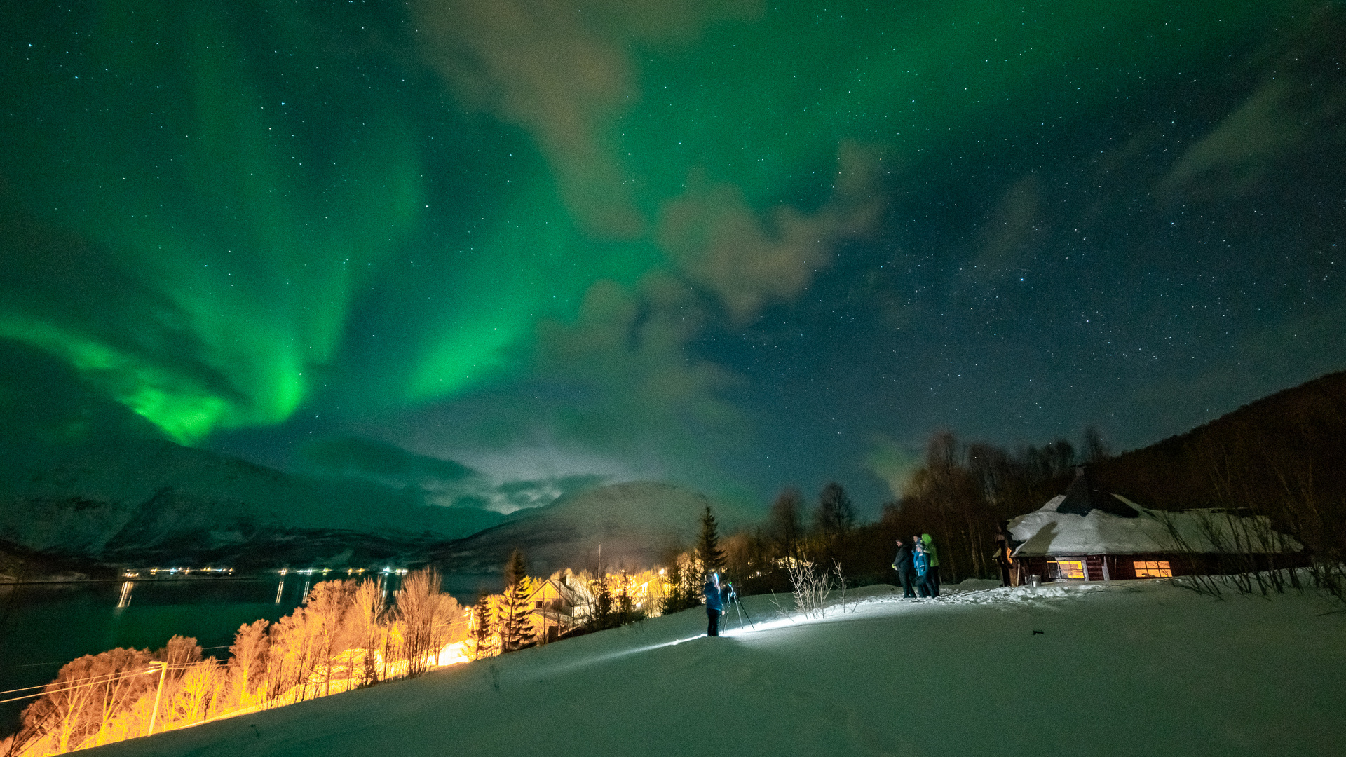 Nordlichter in Lakselvbukt, in den Lyngenalps, Troms