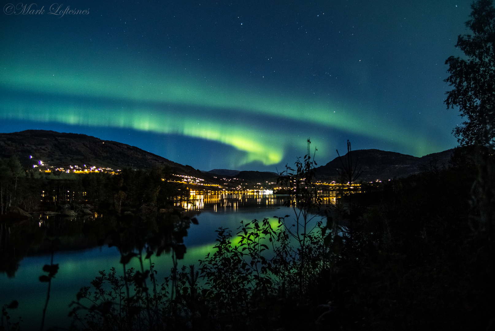 Northern lights over town