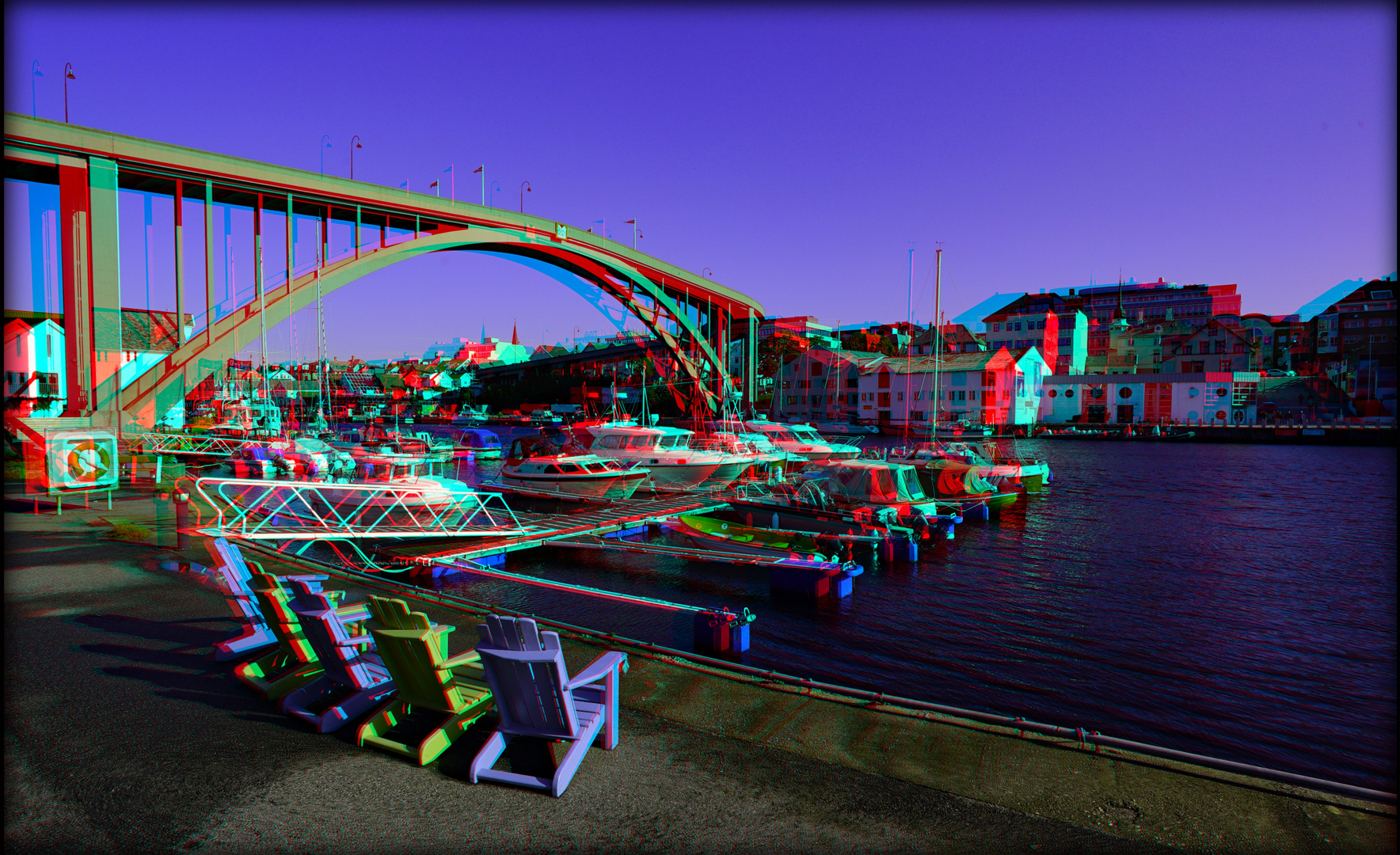 Norwegen Haugesund bunte Liegestühle (3D-Anaglyphe)