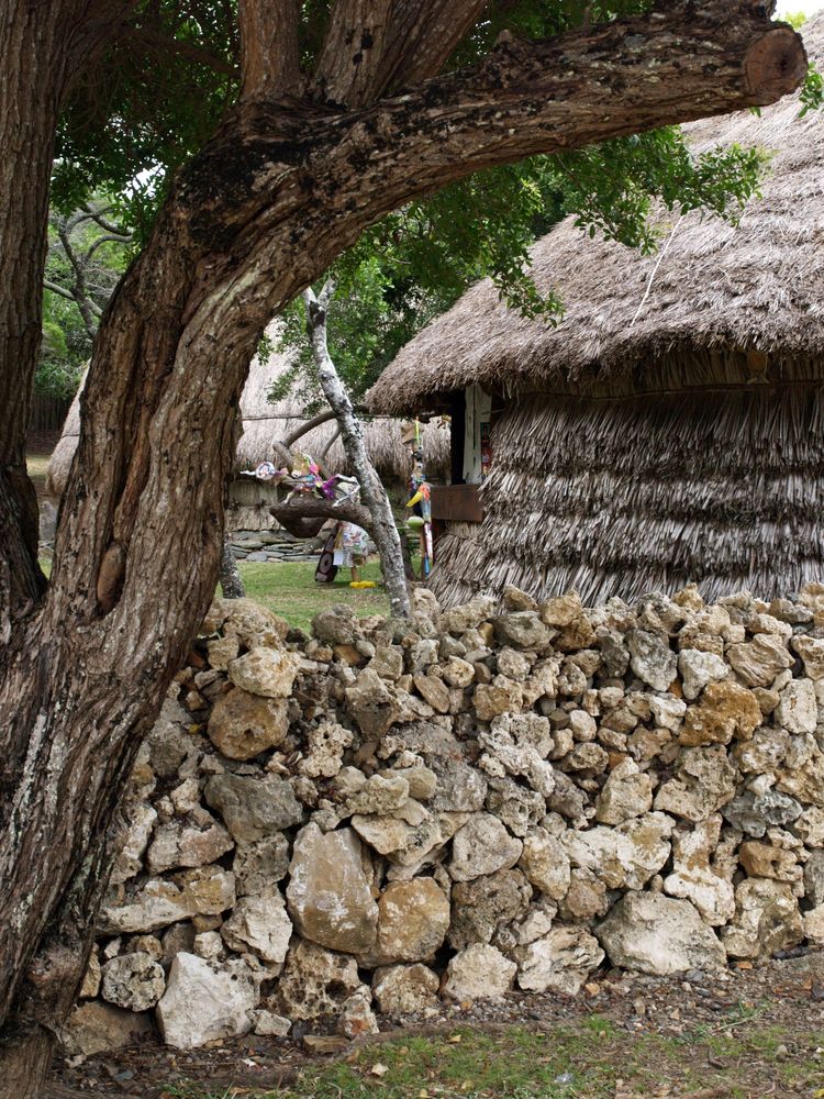 Nouméa - Habitat traditionnel Kanak et mur en pierres sèches (Centre culturel Tchibaou)