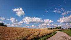 Oberbayerische Landschaft mit blau weißem Himmel